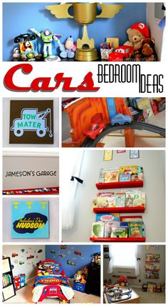 a collage of photos with cars and children's toys in them, including books