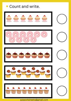 a printable worksheet for counting the numbers to 10 with cupcakes and donuts