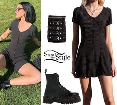 Brandy Melville Lara Dress ($38.00), Club Exx Mini Buckle Backpack ($33.75) and Dr. Martens Jadon Boots ($169.95). Maggie Lindemann Coachella, Maggie Lindemann Outfits, Maggie Aesthetic, Dr Martens Jadon Boots, 2000s Fits, Buckle Backpack, Jadon Boots, Dr Martens Jadon, Black And White Vans