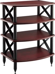 three tiered shelving unit with black and cherry wood finish on the top shelf