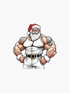 a man with a santa clause on his face and arms, standing in front of a white background