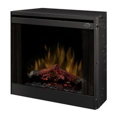 an electric fireplace with flames and logs on the sides, in black metal frame against a white background