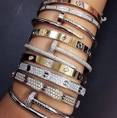 Diamond Love Bracelet # 7 and 8 shown in main photo crystals/ rhinestones fits 6. Bangles Cartier, Jewellery Cartier, Stack Bangles, Arm Candies, Nail Bangle, Jewelry Cartier, Bracelet Cartier, Screw Bracelet, Nail Bracelet