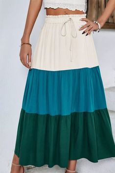 Summer Casual Fashion Stitching Skirt Tiered Patchwork Maxi Skirt, Green Flowy Patchwork Maxi Skirt, Green Flowy Maxi Skirt With Patchwork, Flowy Tiered Patchwork Skirt, Spring Green Patchwork Maxi Skirt, Flowy Midi Skirt With Patchwork, Cotton Midi Skirt With Patchwork, Patchwork Cotton Midi Skirt, Green Long Patchwork Skirt