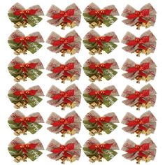 twelve christmas bows with red and green ribbons on them, all decorated in gold and silver