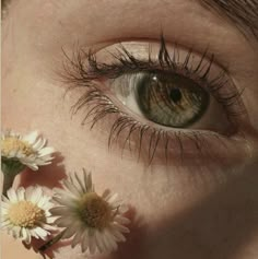 a woman's eye with some daisies in front of her and the bottom half of her face