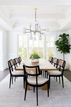 a dining room table with chairs and a potted plant in the center on top