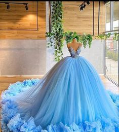 Elegant Blue Ball Gown Quinceanera Prom Dress Dress For Sweet 16, Blue Ball Gown, Tulle Balls, Blue Ball Gowns, Pretty Quinceanera Dresses, Dream Prom, Blue Ball, Tulle Ball Gown, Ball Gowns Evening