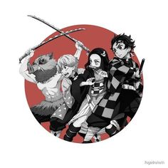 some anime characters are holding swords in front of a red and black circle with an owl