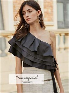 Elegant Satin Black Asymmetrical Women One Shoulder top with Layered Ruffles Hem detail Summer Blouse Short Blouses, Frill Tops, Asymmetrical Blouse, Summer Blouse, One Shoulder Top, Woven Pattern, Chaniya Choli, Indo Western, Summer Blouses