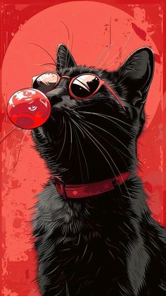 a black cat wearing red sunglasses with a bubble in its mouth and looking up at the sky