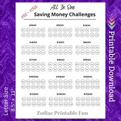 the printable savings chart for all in one saving money challenge is shown on a purple background