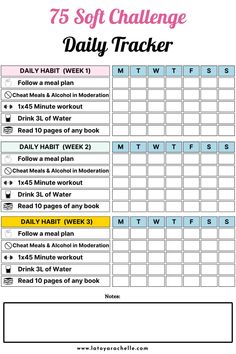 75 Soft Challenge daily tracker template for the first three weeks, featuring sections for daily habits like following a meal plan, limiting cheat meals and alcohol, completing a 45-minute workout, drinking 3 liters of water, and reading 10 pages of any book. Each week is organized with checkboxes for Monday through Sunday to track progress. A notes section is included at the bottom. 75 Soft Challenge Tracker Free, Health Habit Tracker, Reformer Pilates Aesthetic, 75 Soft Challenge Tracker, Workout Tracker Printable