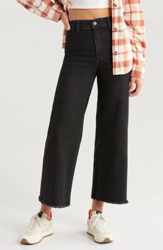 Dial in a retro vibe in these wide-legged pants cut to a cute, cropped length with a frayed hem for a dash of DIY charm. 28" inseam; 22" leg opening; 12" front rise; 15" back rise (size 29) Zip fly with button closure 67% cotton, 29% polyester, 3% viscose, 1% elastane Machine wash, tumble dry Imported Crop Wide Leg Jeans, Diy Charm, Cropped Wide Leg Jeans, Diy Charms, Retro Vibe, Billabong, Wide Leg Jeans, Bottoms Pants, Jeans Pants