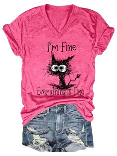 I Am Fine Everything Is Fine Slogan Tshirt Print V Neck Tee Casual Top is fashionable and cheap, come to Lilicloth to find out about the Clothing. Vacation Streetwear, I Am Fine, Streetwear Preppy, Black Cat Print, Slogan Tshirt, Cat Graphic Tee, Purple Cat, Animal Cat, I'm Fine