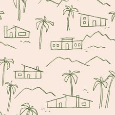 a drawing of houses and palm trees on a pink background