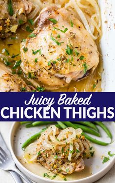 chicken thighs with onions and green beans in a white bowl