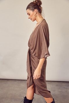 Brown Woven Dress Fall Mini Dress With Draped Sleeves For Date Night, Flowy Fall Dress For Casual Occasions, Flowy Casual Fall Dresses, Chic Fall Midi Dress With Draped Sleeves, Chic Brown Draped Dress, Chic Draped Maxi Dress For Fall, Flowy Dresses For Daywear In Fall, Chic Brown Dress For Brunch, Brown V-neck Casual Dresses