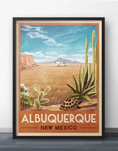 a poster with an image of a truck and cactus in the desert on it's side