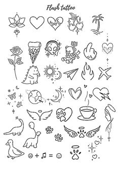 a black and white drawing of different tattoos on a sheet with the words flash tattoo