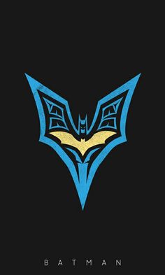 the batman logo is shown in blue and yellow on a black background with gold accents