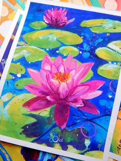 three paintings of water lilies and lily pads in bright colors, one is pink