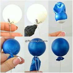 four different pictures of blue and white balloons being held by someone's hand with one balloon tied to the string