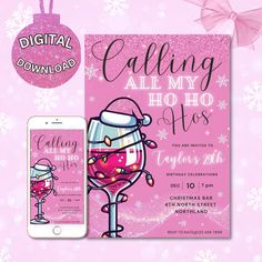 a pink christmas party flyer with an image of a glass of wine and a phone