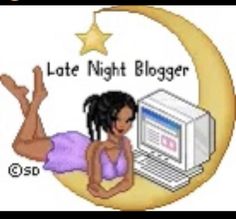 a woman laying on the moon next to a laptop computer and monitor with caption late night blogger