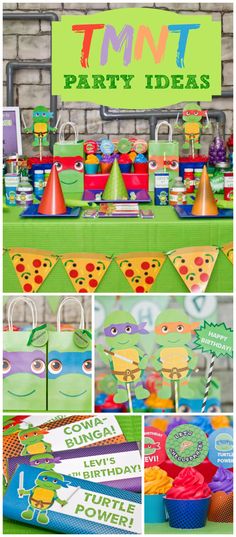 an assortment of party items including cupcakes, cake and paper hats with the words tmnt on them