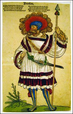 an illustration of a man in medieval clothing holding a spear and wearing a red hat