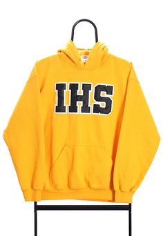 Bright yellow hoodie with embroidered IHS design. Perfect colour for summer! Size / Measurements (approx.): Pit to pit-52cm Length-63cm Tag size-M Yellow Cotton Hoodie With Drawstring Hood, Yellow Cotton Crew Neck Hoodie, Yellow Letter Print Crew Neck Hoodie, Yellow Crew Neck Hoodie With Letter Print, Yellow Letter Print Hoodie For Streetwear, Sporty Yellow Hoodie For Spring, Yellow Sporty Hoodie For Spring, Yellow Sports Sweatshirt With Drawstring Hood, Yellow College Sweatshirt For Fall