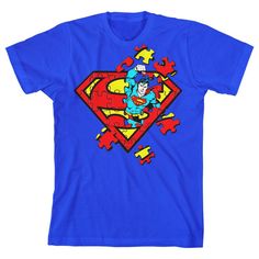 Update your wardrobe with your favorite superhero! The Superman Logo Puzzle Pieces Punchout Youth Boys Royal Blue T-Shirt is a comfy short-sleeve design made of 100percent soft, premium cotton for comfortable all-day wear. This youth-sized tee features a bold, colorful graphic inspired by the Superman logo. It’s been professionally printed to ensure long-lasting color clarity and quality. The Superman Logo Puzzle Pieces Punchout Youth Boys Royal Blue T-Shirt is a super cool addition to any wardr Blue Pop Culture T-shirt With Character Print, Superhero Short Sleeve T-shirt With Character Print, Blue Superhero T-shirt With Character Print, Blue Cotton Pop Culture T-shirt, Blue Short Sleeve Superhero Tops, Superhero Crew Neck Pre-shrunk T-shirt, Blue Pop Culture Fan Merchandise T-shirt, Superhero Short Sleeve T-shirt With Letter Print, Blue Superhero Short Sleeve Top