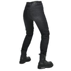 Fierce 6 Women's Riding Jeans with CE Armor Protector is motorcycle ready, while at the same time, being spot on when it comes to fashion trends. The stretchable polyester and cotton fabrics used in the jeans mix into the perfect blend of utility and comfort， Slim Fit CE Certified Knee Outer Thigh Protective Pads ⇨ The knee and outer thigh pads are detachable and easy to mount. Insert them into their special pockets for added protection on the road. Reinforced Stitching ⇨ The jeans feature reinf Fitted Moto Bottoms For Motorcycling, Fitted Black Motorcycling Bottoms, Fitted Black Bottoms For Motorcycling, Fitted Black Bottoms For Biker Events, Casual Black Bottoms For Motorcycling, Casual Black Motorcycle Bottoms, Casual Black Bottoms For Biker Events, Outer Thigh, Motorcycle Jeans