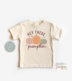 Welcome to Junie +James Co.! All of the designs you see are designed by me, Aubrey, and then handmade & shipped out to you the next business day by my production partner in Upstate New York! It brings me joy to create designs for kids' everyday wear or for those special moments!  Things to know: - Each item is handmade to order! - Please see our size chart below for specs. White bodysuits are Gerber Onesies® Brand. Natural bodysuits and toddler/youth shirt brands may vary depending on availabili Fitted Letter Print Shirt For Fall, Cute Fitted Shirt For Fall, Fitted Graphic Tee For Fall, Fitted Fall Graphic Tee Shirt, White Custom Print Shirt For Fall, Customizable Cute Tops For Fall, Retro Pumpkin, Hey There Pumpkin, Toddler Size Chart