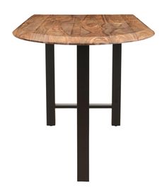 a wooden table with black metal legs and a square shaped design on the top, against a white background