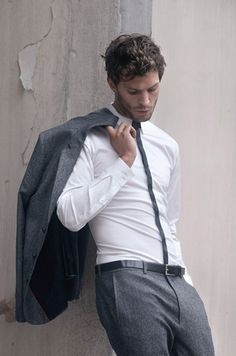 My favorite Hugo Boss shirt for a guy. Christian Burns wore this for his song "This light between us". Awesome shirt! Shirt And Tie, Mens Leather Pants, Sharp Dressed Man, 50 Shades Of Grey, Christian Grey, Dakota Johnson, Jamie Dornan, Nice Leather, Suit And Tie