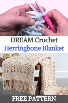 someone is crocheting the herringbone blanket with a pink crochet hook