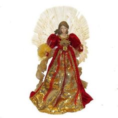 a figurine of an angel with red and gold wings on a white background