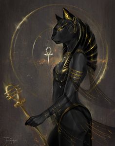 an egyptian woman holding a golden key in her right hand and wearing a black cat costume