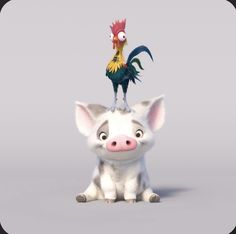 an animal with a rooster on top of it's head sitting next to another animal