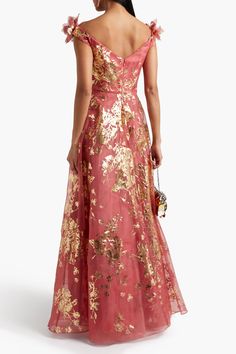 Coral Off-the-shoulder floral-appliquéd printed organza gown | MARCHESA NOTTE | THE OUTNET Coral Gown, Organza Gown, Black Tie Events, Printed Organza, Organza Gowns, Minimalist Accessories, Beach Wear Outfits, Designer Gowns, Marchesa