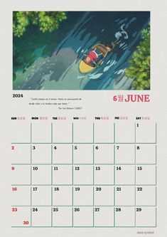 a calendar with an image of a man in a boat on the water and trees