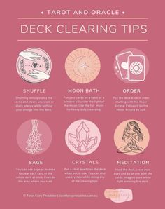 a pink poster with instructions on how to use the tarot and oracle deck cleaning tips