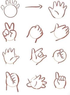 various hand gestures drawn in pencil on paper