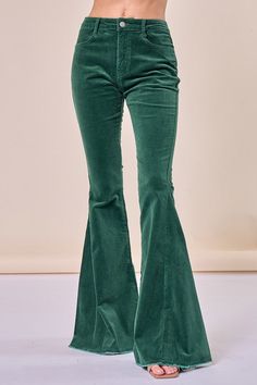 Corduroy Bell Bottoms Hunter Green Mid-Rise Stretchy Material Front & Back Pockets Button Zip Closure Belt Loops Frayed Hem 35" Inseam 97% Cotton, 3% Spandex Women's Sizing Recommendations ~ Runs A Lil Small! We Recommend You Size Up If In Between Sizes. Small 0/2/4 Medium 4/6/8 Large 8/10/12 Green Flare Pants, Corduroy Bell Bottoms, Bellbottom Pants, Wisteria Lane, Green Country, Bell Bottom Pants, Boho Women, Bottom Clothes, Wisteria