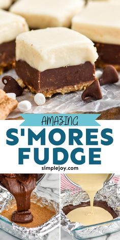 some desserts that are on top of tin foil and the words amazing smores fudge