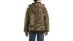 The Carhartt Boys' Canvas Insulated Hooded Jacket has been keeping American workers warm since the '70s. This boys' hooded jacket is fully insulated for working, hunting or playing outside in the bitter cold. Just right for kids who love heading out to the woods with mom or dad, this Carhartt coat is covered in Mossy Oak Bottomland camo print. Shell of the jacket: 100% cotton printed canvas. 100% polyester gives the jacket a cozy feel. Full zip hooded jacket with Mossy Oak Bottomland camouflage pattern. Brushed tricot lined main body and hood. Quilted taffeta lining in the jacket sleeves. Triple-stitched main seams. Insulated front pockets and rib at cuffs and bottom hem. Sewn on black Carhartt label on front pocket. Name tag label on inside pocket. | Carhartt Canvas Insulated Mossy Oak Co Bottomland Camo, Carhartt Coat, Jacket Sleeves, With Mom, Mossy Oak, Printed Canvas, Camo Print, Front Pocket, Hooded Jacket