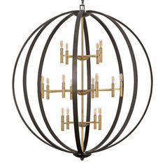 an orb chandelier with eight lights hanging from the center, and four circular metal rods