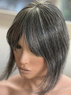 Tillstyle dark grey salt and pepper human hair topper with bangs short hair piece light weight   10 inch in length thinning crown clip in hair topper hair piece alopecia short hair styles casual hair gift for her Women's hair extensions, such as toppers and pieces, are excellent solutions for thinning hair or hair loss. These products are made of 100% human hair for a natural and realistic look. Our selection offers a variety of styles, textures, and colors like salt and pepper and pale white. With lace toppers and winglets available, you can find the ideal hair piece to complete your hairstyle. Shop our collection for hair pieces and wiglets to find the perfect look. 100%human hair clip-in topper with breathable lace base White with some  grey with yellowish white mixed hair shade.  Made Hair Styles Casual, Natural Looking Highlights, Casual Hair, Pale White, Human Hair Clip Ins, Hair Gift, Hair Topper, Mixed Hair, Hair Shades